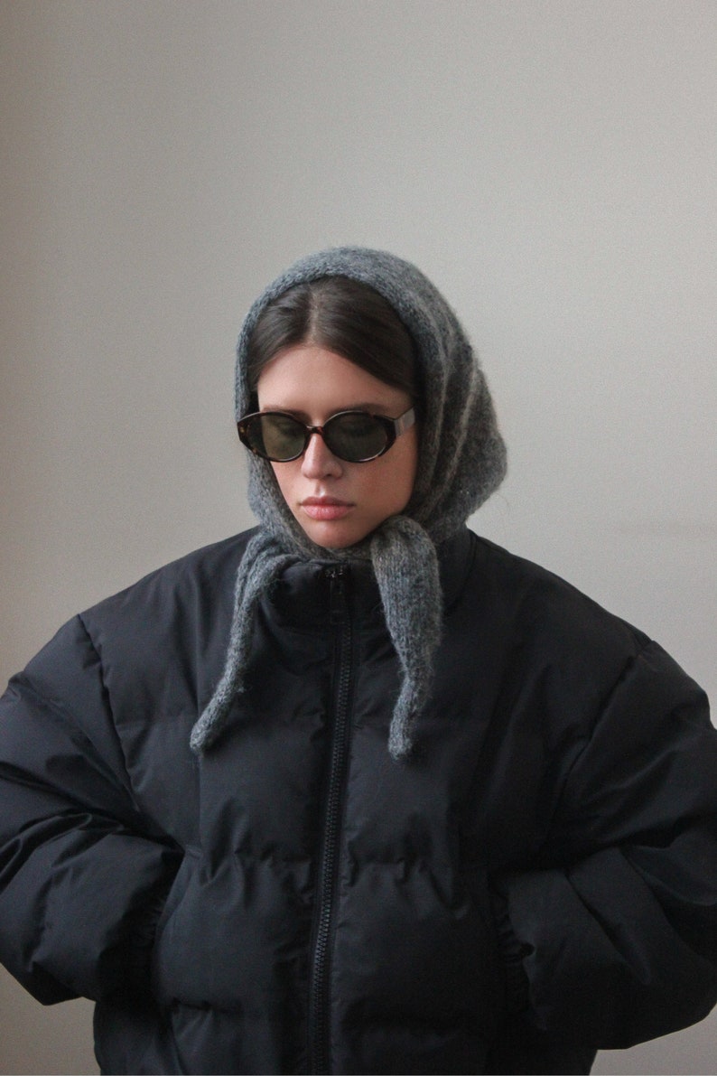 Hand - knitted Mohair Melange Headscarf in Charcoal Gray.