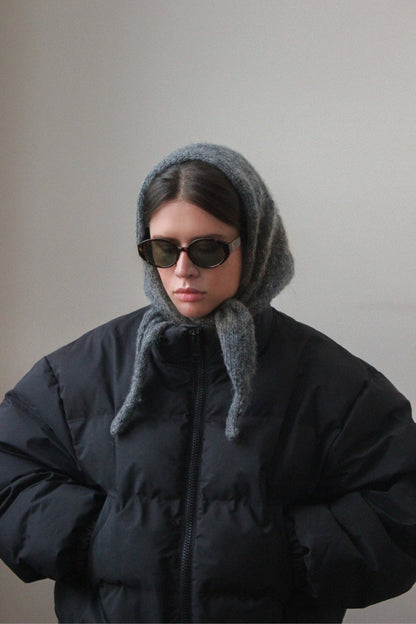 Hand - knitted Mohair Melange Headscarf in Charcoal Gray.