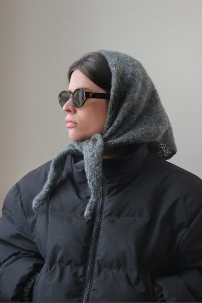 Hand - knitted Mohair Melange Headscarf in Charcoal Gray.