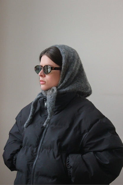 Hand - knitted Mohair Melange Headscarf in Charcoal Gray.