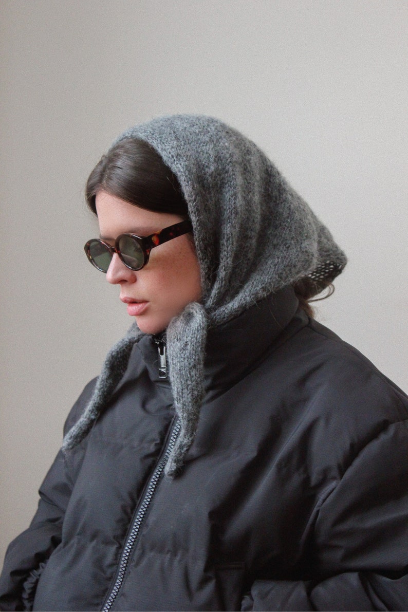 Hand - knitted Mohair Melange Headscarf in Charcoal Gray.