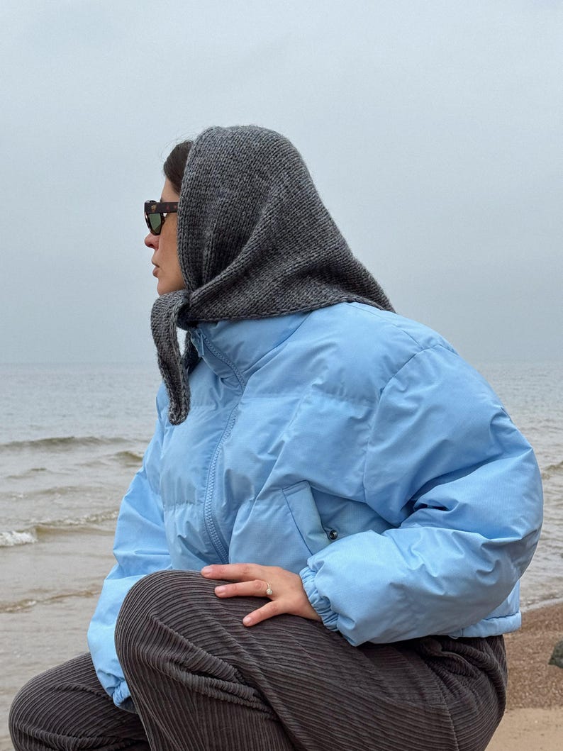 Hand - knitted Mohair Melange Headscarf in Charcoal Gray.