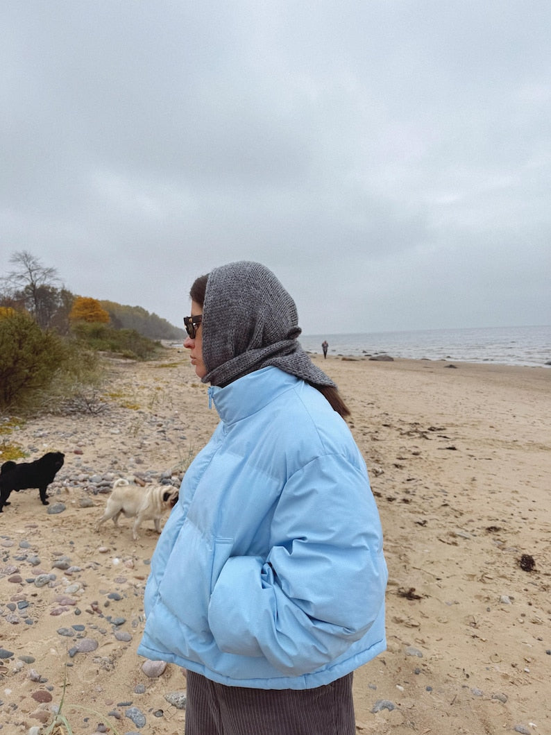 Hand - knitted Mohair Melange Headscarf in Charcoal Gray.
