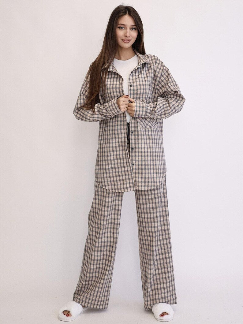 Flannel Pajama Set - Women's Cotton Sleeping Set